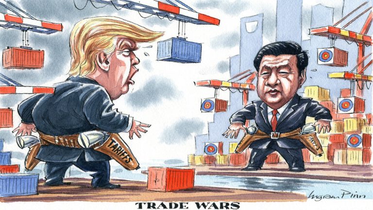 Trade wars cartoon with China and America