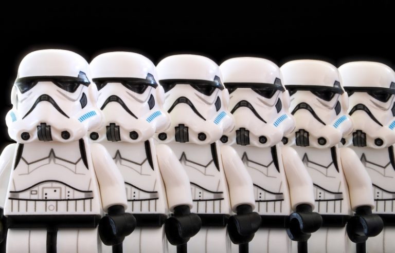 row of lego stormtroopers