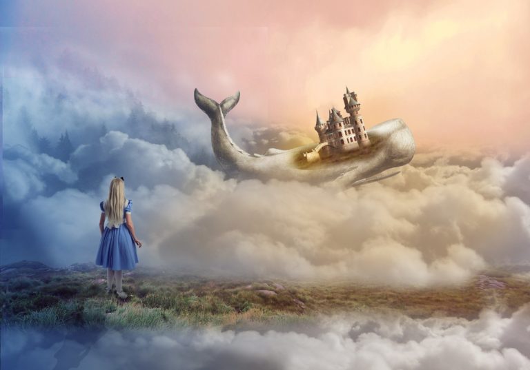 alice in wonderland watching a whale with a castle horn in the clouds