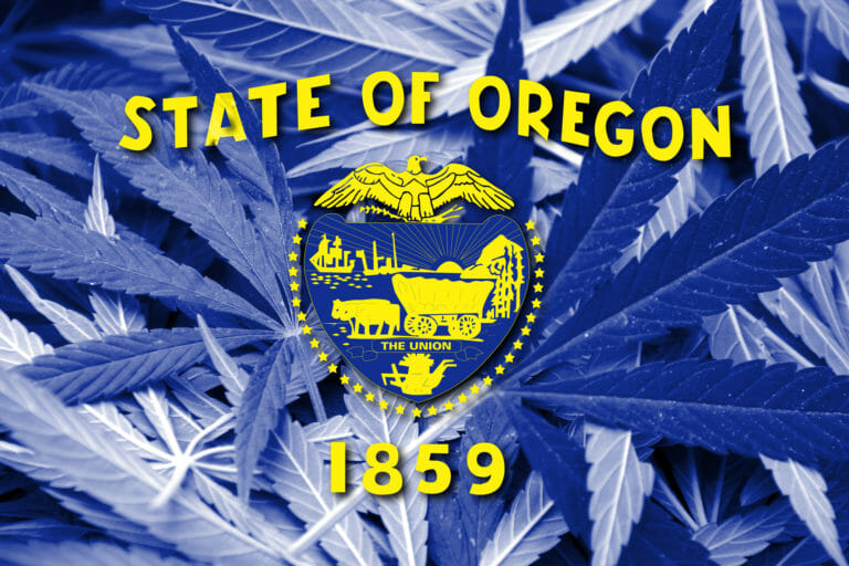 Bandera del Estado de Oregón, sobre fondo de cannabis