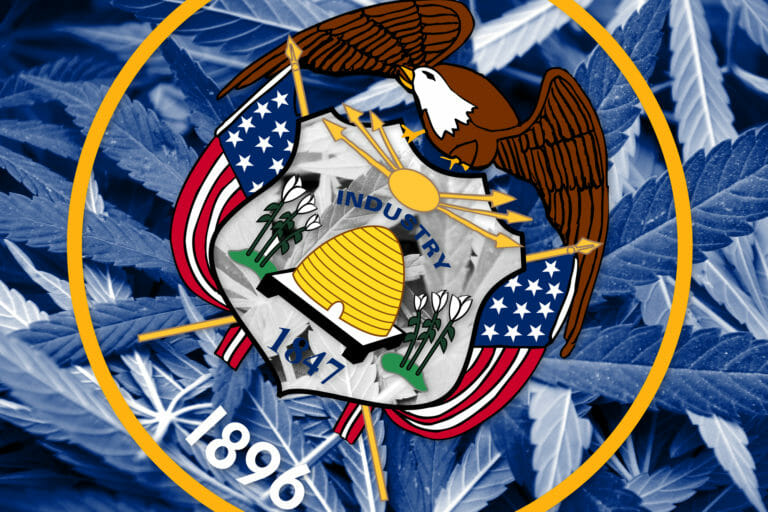 Utah State Flagge auf Cannabis Hintergrund