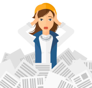 graphic of a woman overwhelmed by papers