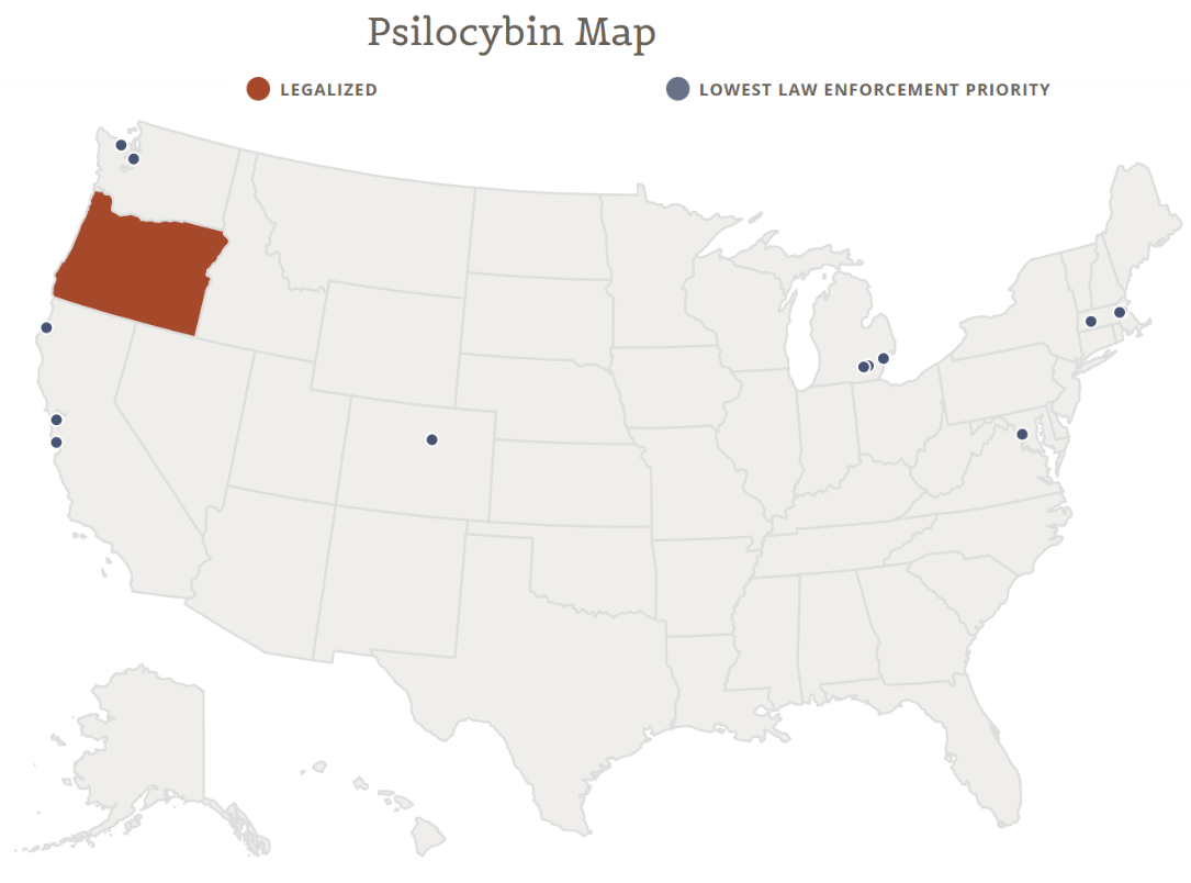 Karte der Legalität von Psilocybin nach Staat