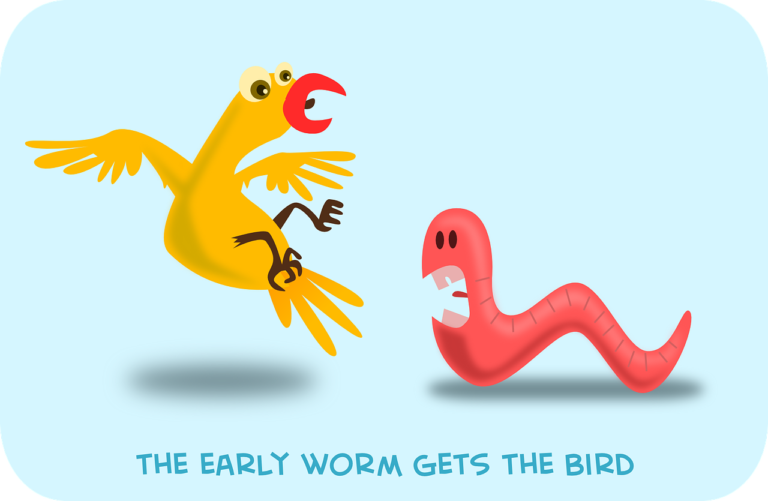 Animated worm screaming at bird with the early worm gets the bird written